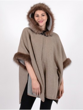 Faux Fur Wool Feeling Hooded Cape W/ Button